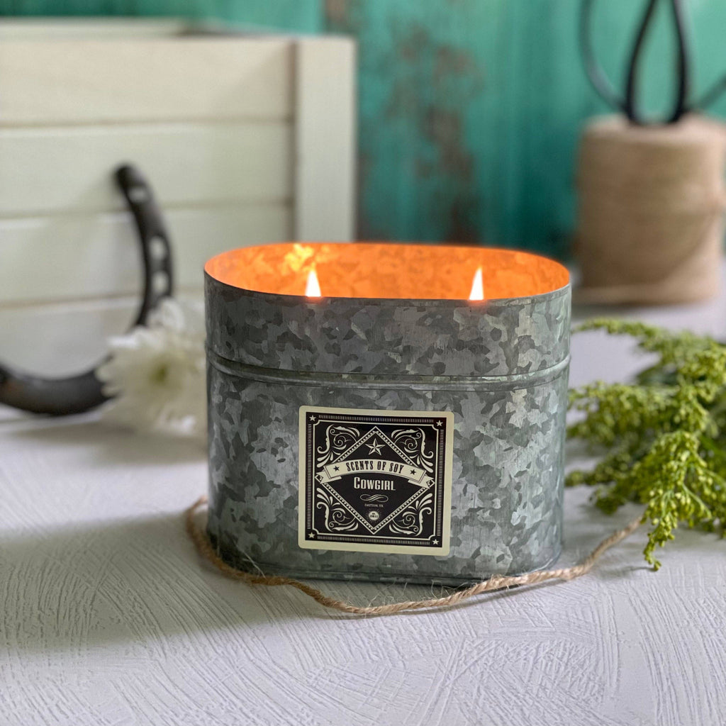 Cowgirl Galvanized Oval Tin Soy Candle- warm blend with floral hint of white peony & violet scent