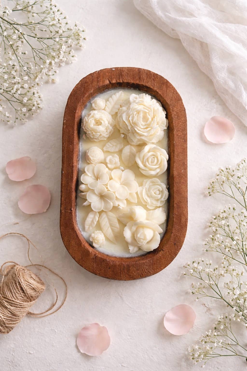 White Flowers Dough Bowl 15 oz -Caribbean Teakwood