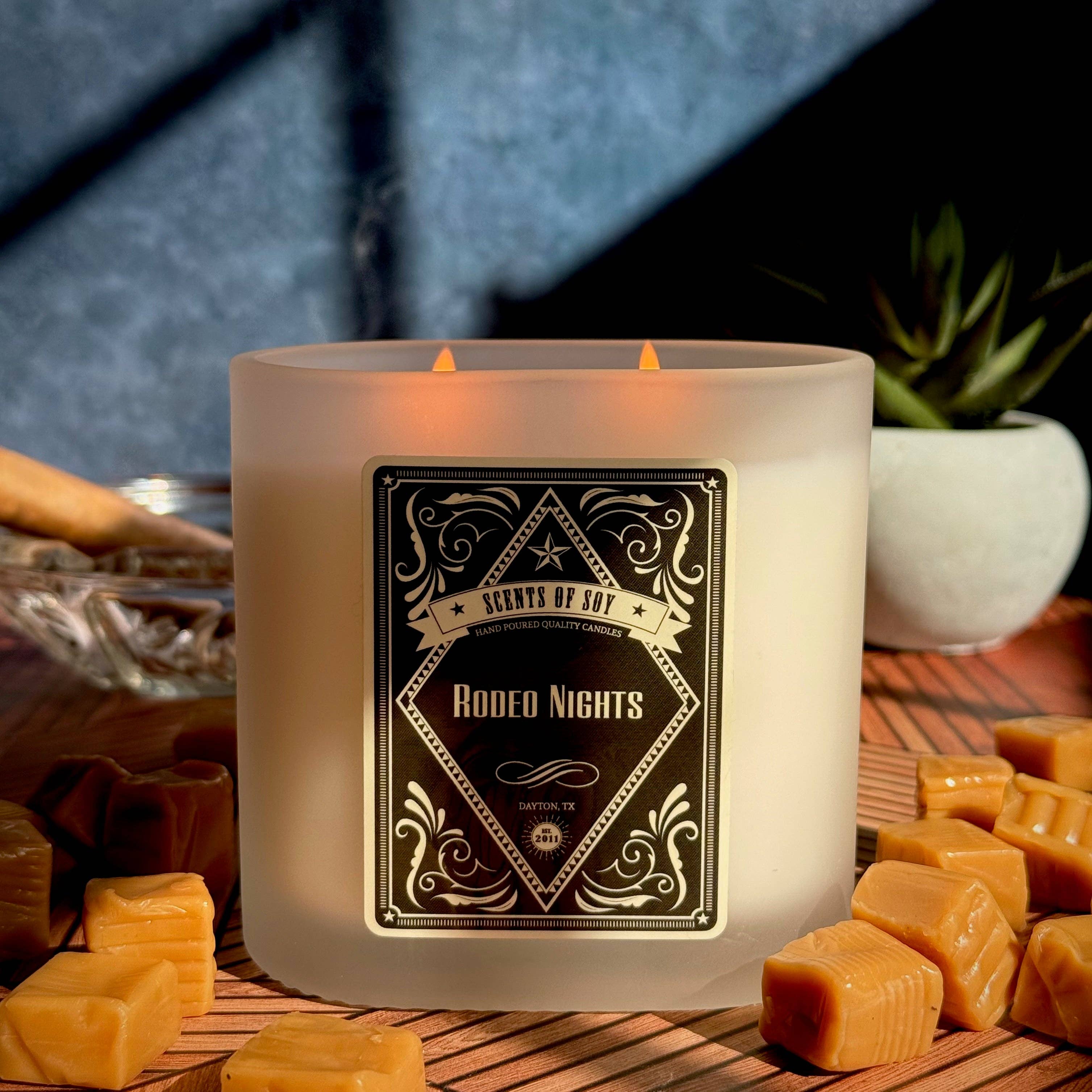 Rodeo Nights Frosted Oval Glass Soy Candle Sweet Caramel w/ hint of tabaco