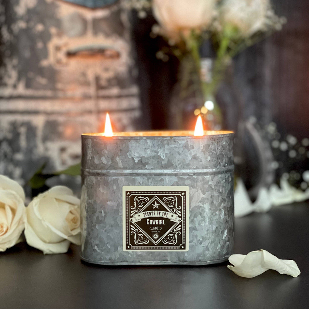 Cowgirl Galvanized Oval Tin Soy Candle- warm blend with floral hint of white peony & violet scent