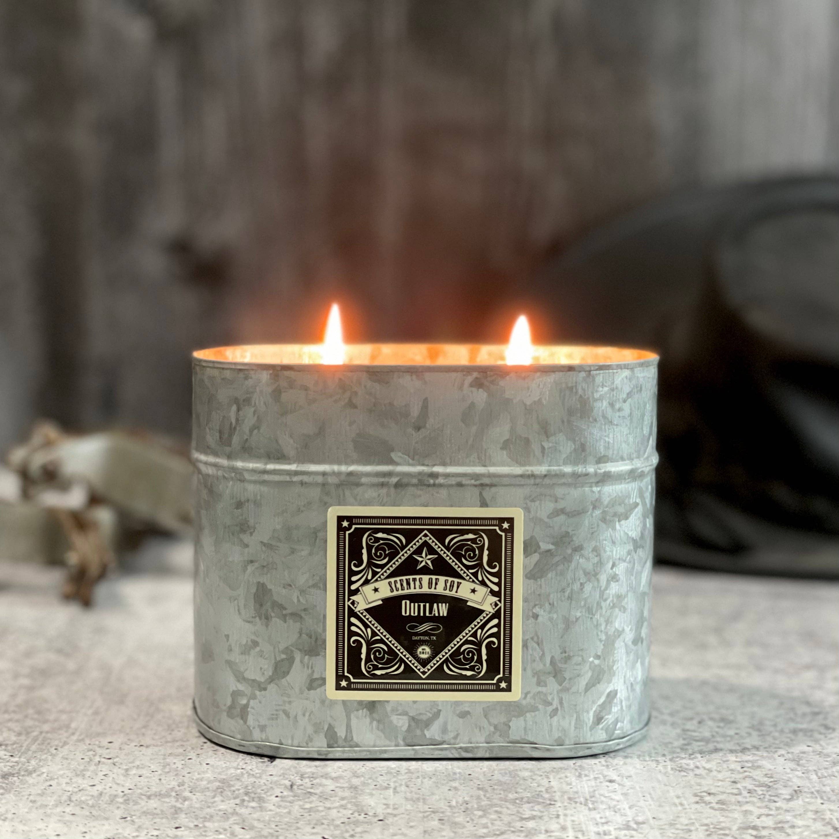 Outlaw Galvanized Oval Tin Soy Candle- Outdoorsy leather oak scent