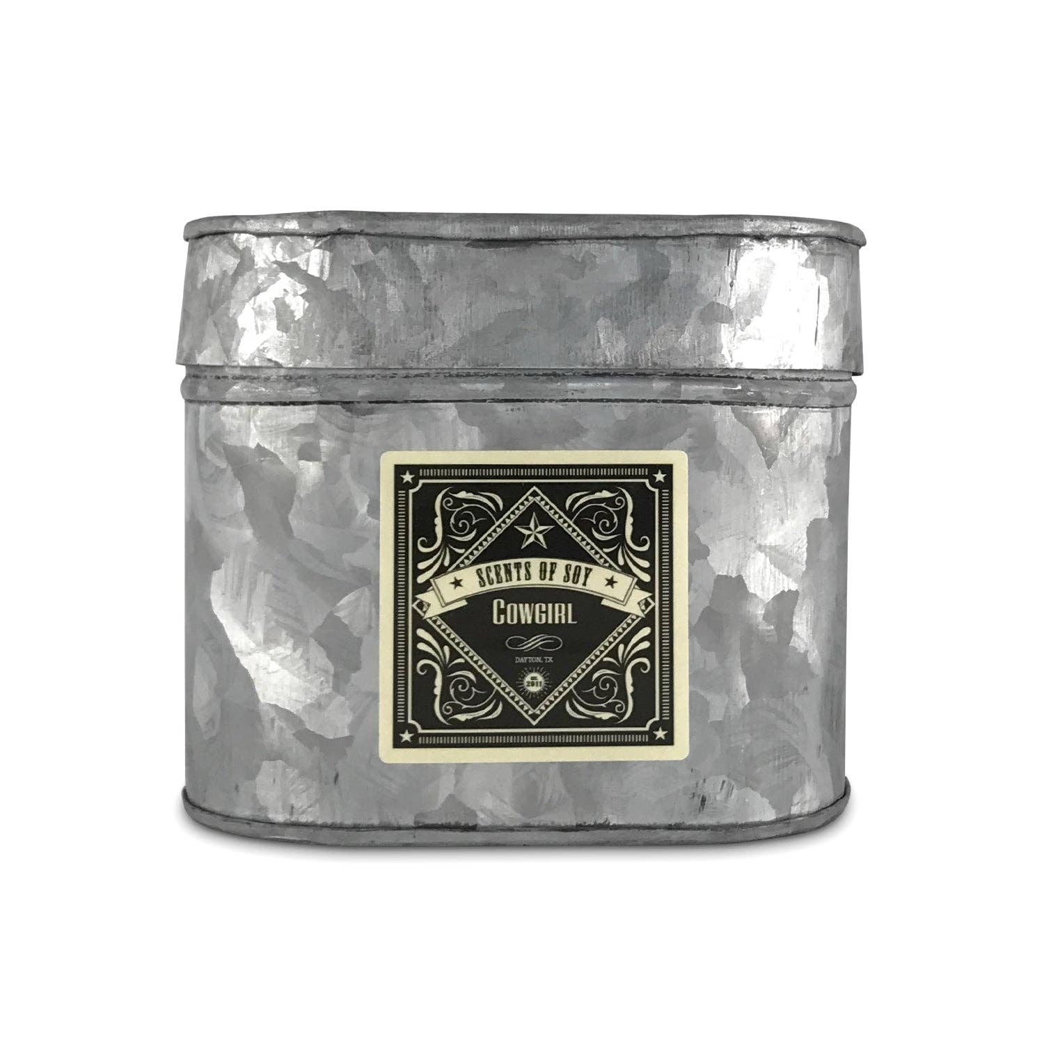 Cowgirl Galvanized Oval Tin Soy Candle- warm blend with floral hint of white peony & violet scent