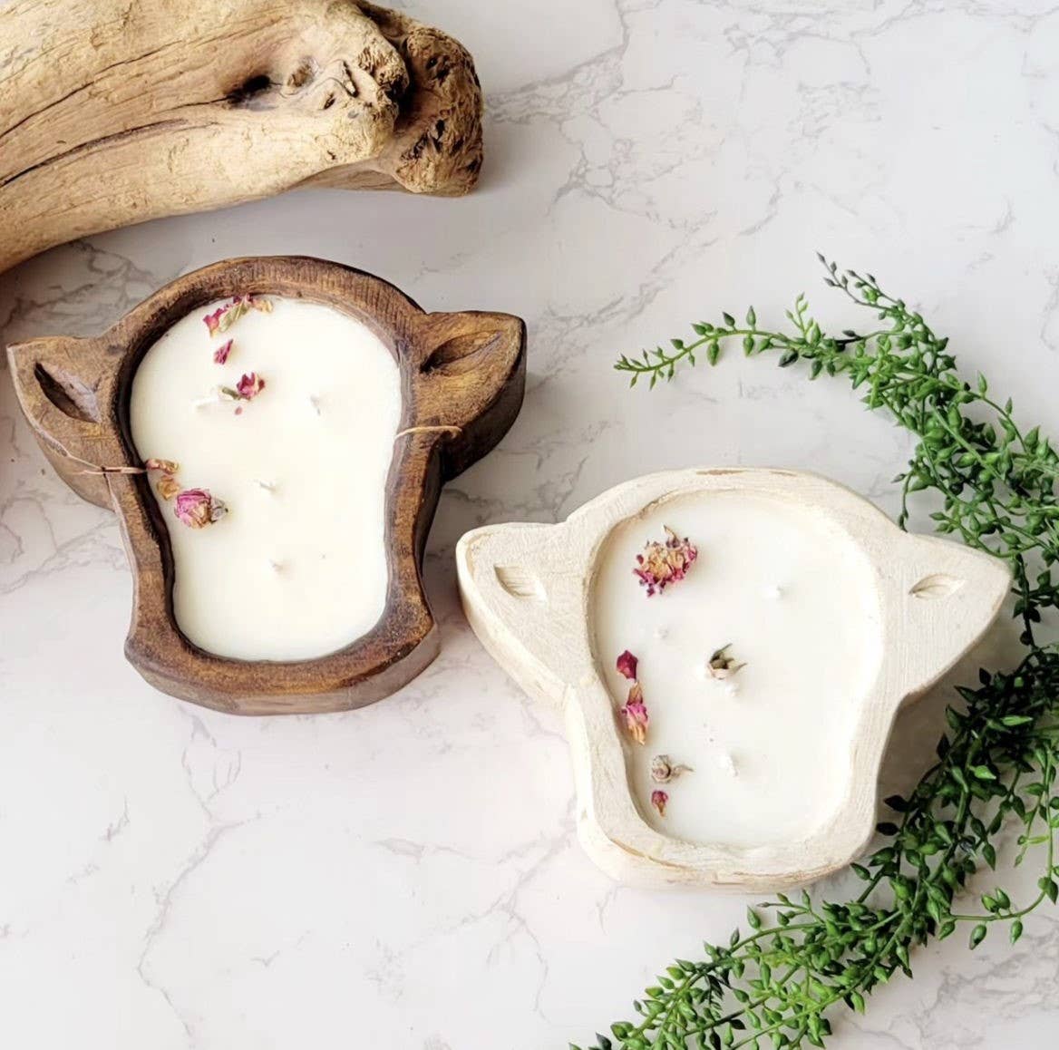 Wooden Mini-Cow Head Dough Bowl-Candle Ready-8x7 in-Mini Cow Head: Antiqued White Empty