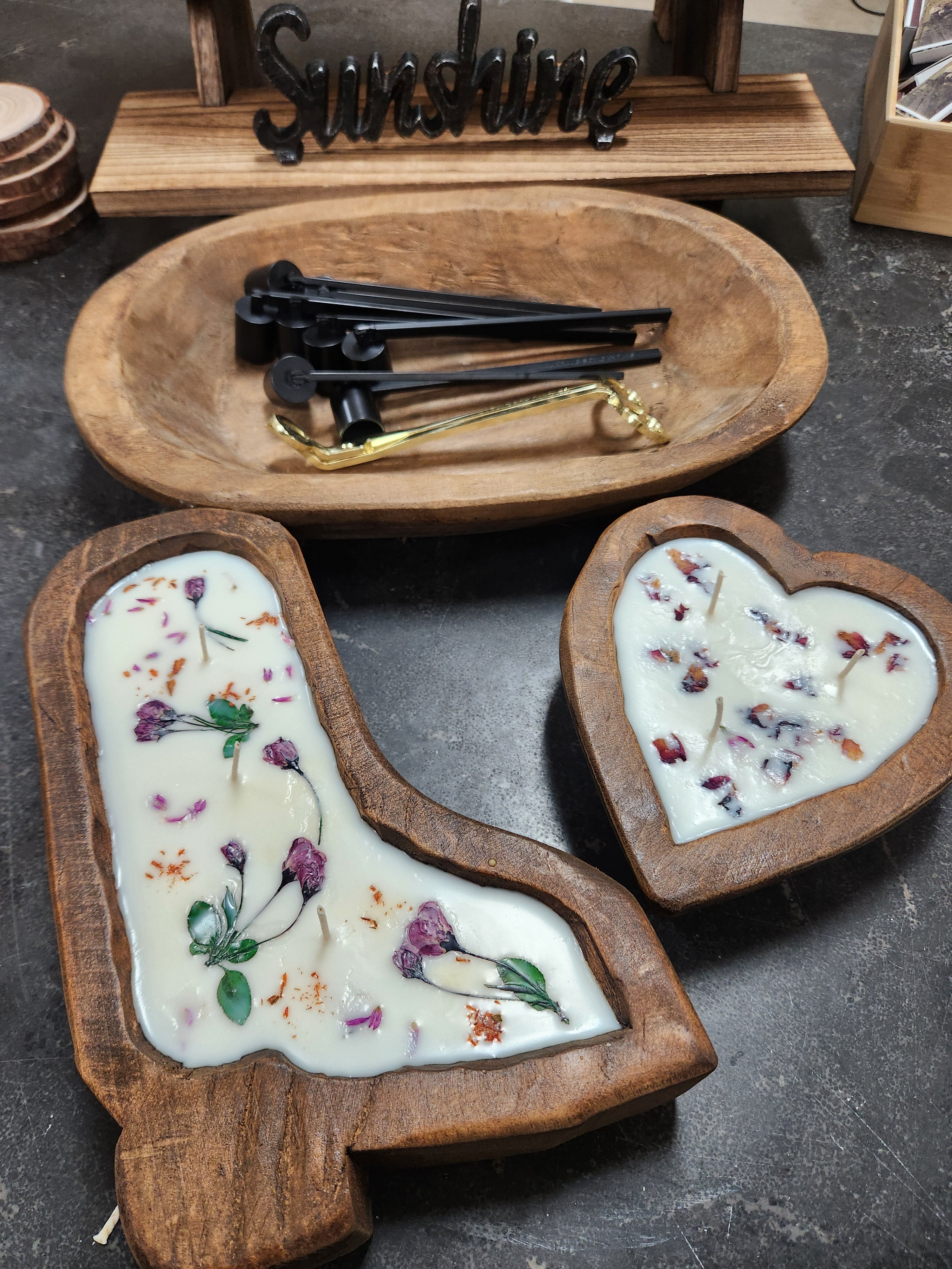 Boot Wooden Dough Bowl Candle Notes in the scent- Butt Naked- Top: mango, coconut, banana  Middle: pineapple flower, strawberry nectar, lilies  Bottom: Tonka bean, creamy vanilla