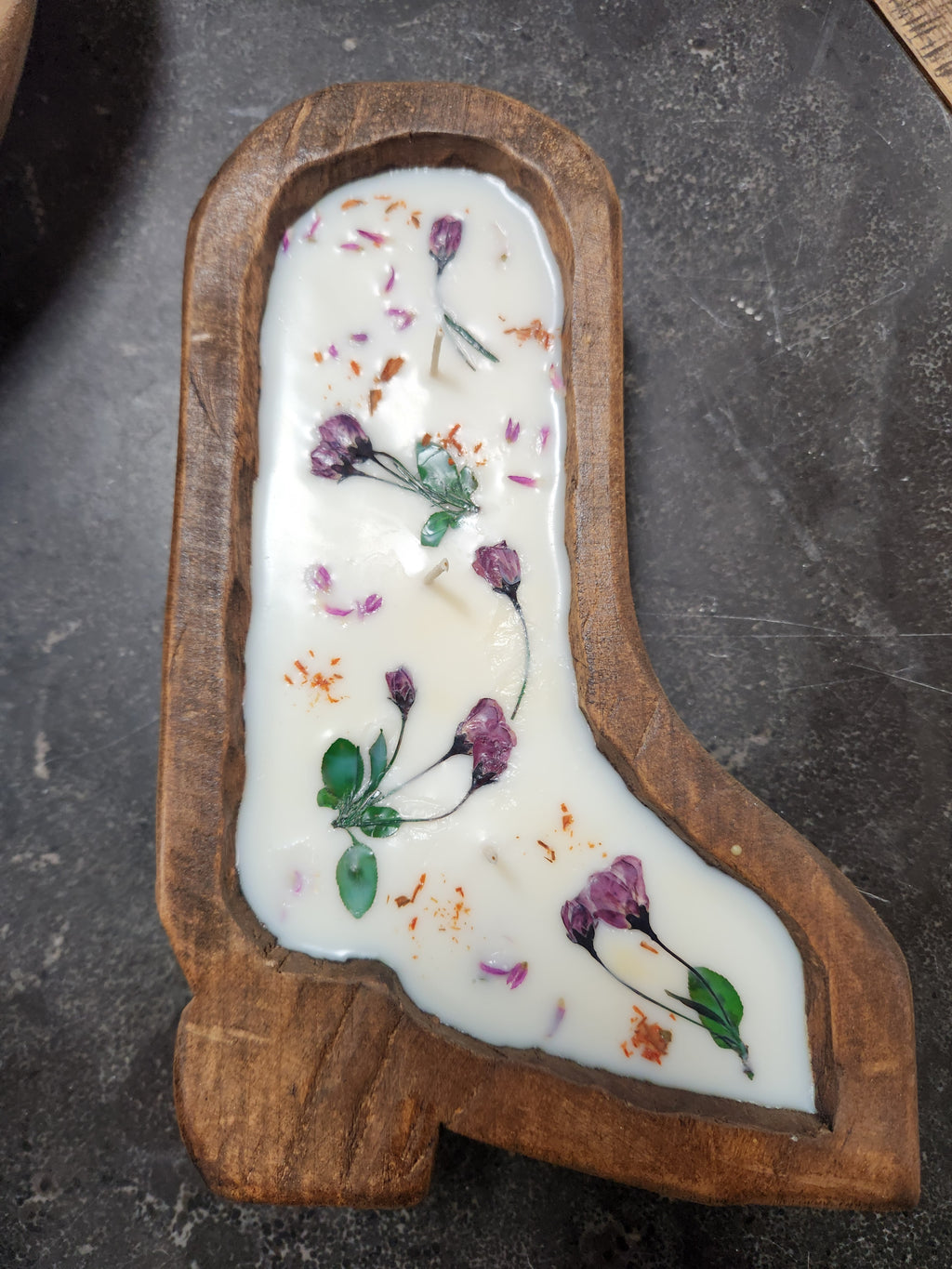 Boot Wooden Dough Bowl Candle Notes in the scent- Butt Naked- Top: mango, coconut, banana  Middle: pineapple flower, strawberry nectar, lilies  Bottom: Tonka bean, creamy vanilla