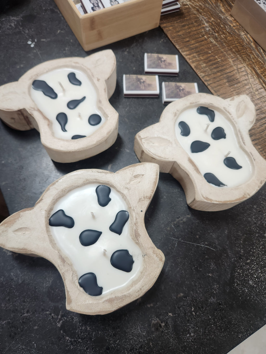 Mini Cow head wooden dough bowl candle- Saddle bag leather