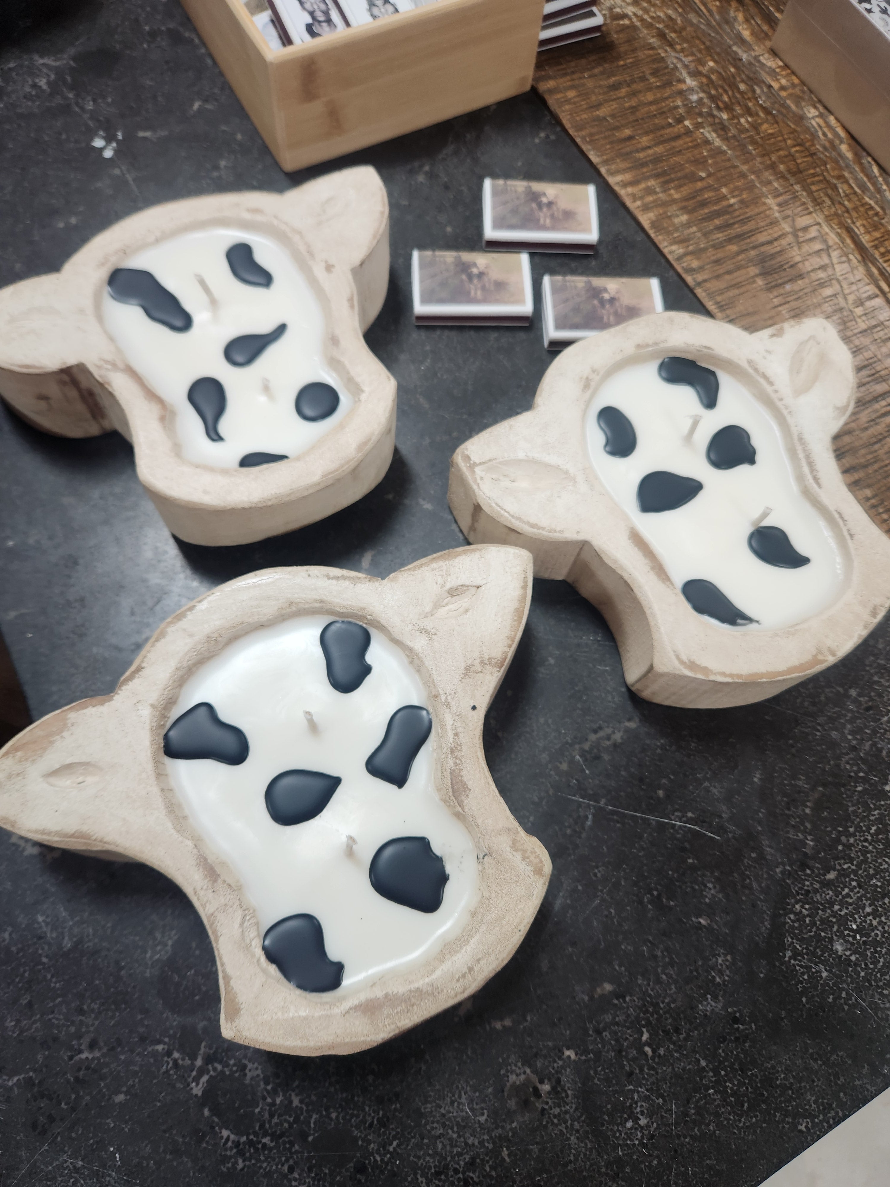 Mini Cow head wooden dough bowl candle- Saddle bag leather