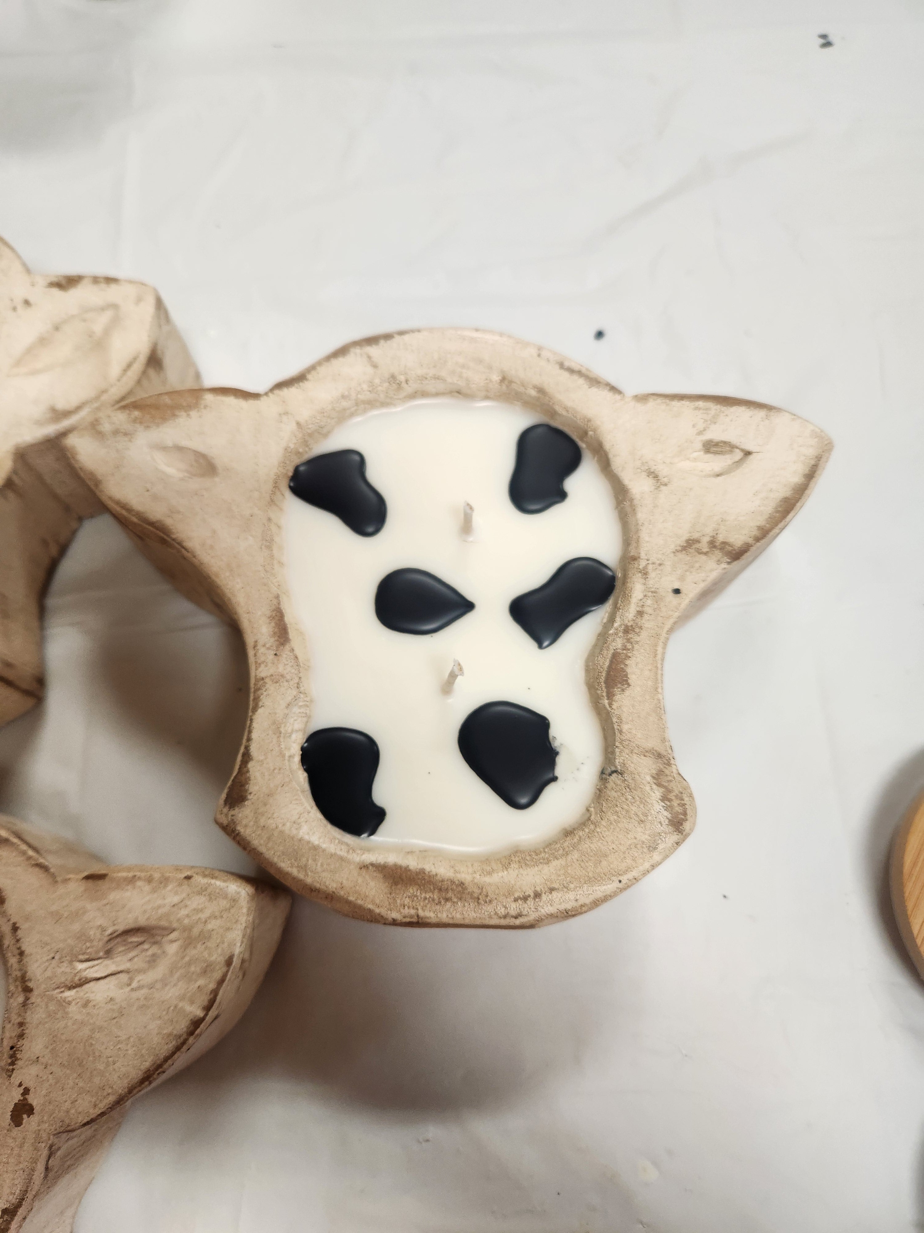 Mini Cow head wooden dough bowl candle- Saddle bag leather