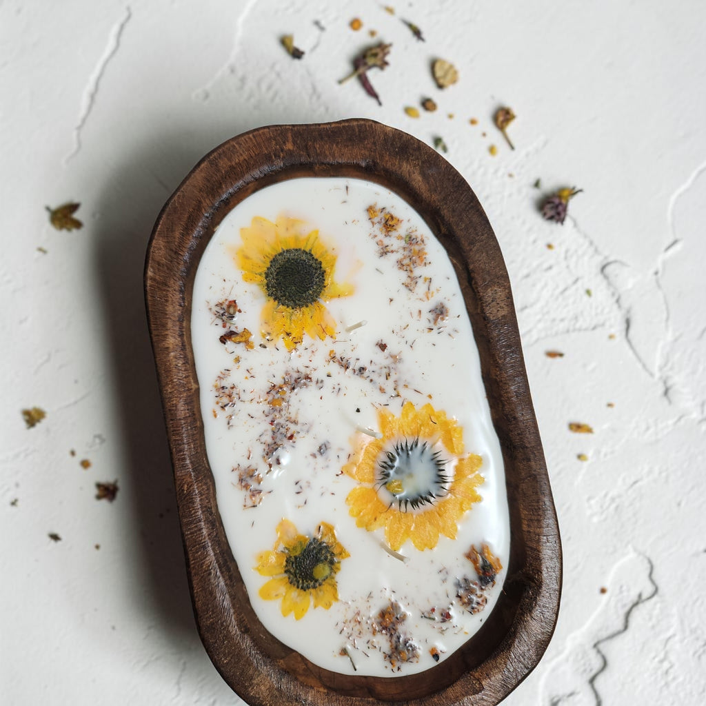 Sunflower Floral 18oz Scented Wooden Dough Bowl Candle
