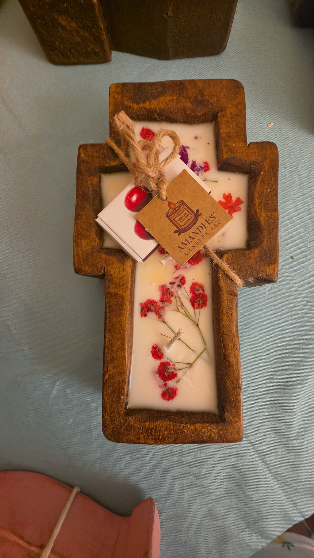 Small Wooden Dough Bowl Cross Candles with Matches..