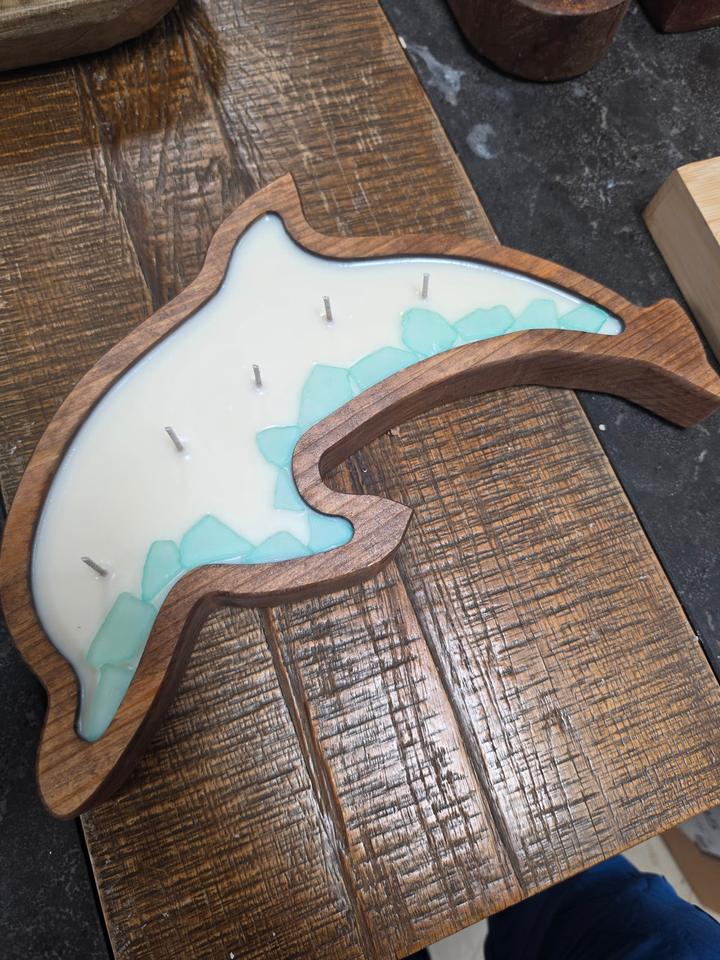 Dolphin 🐬 Coconut 🥥 Mango 🥭 🌸 Blossom with Fire Glass decor, Thick cotton wicked- Wooden Dough Bowl Candle approx 26oz
