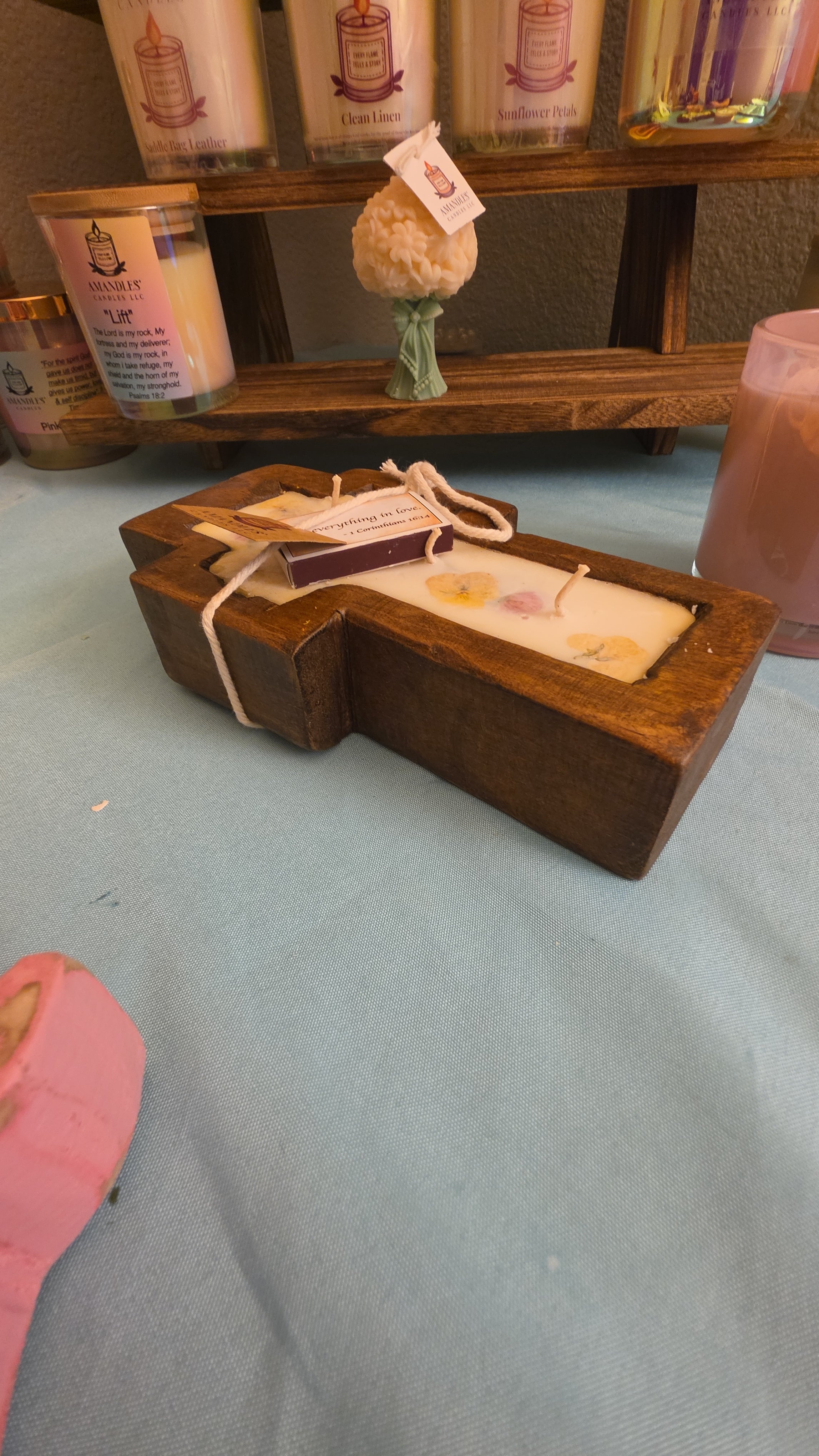 Small Wooden Dough Bowl Cross Candles with Matches..