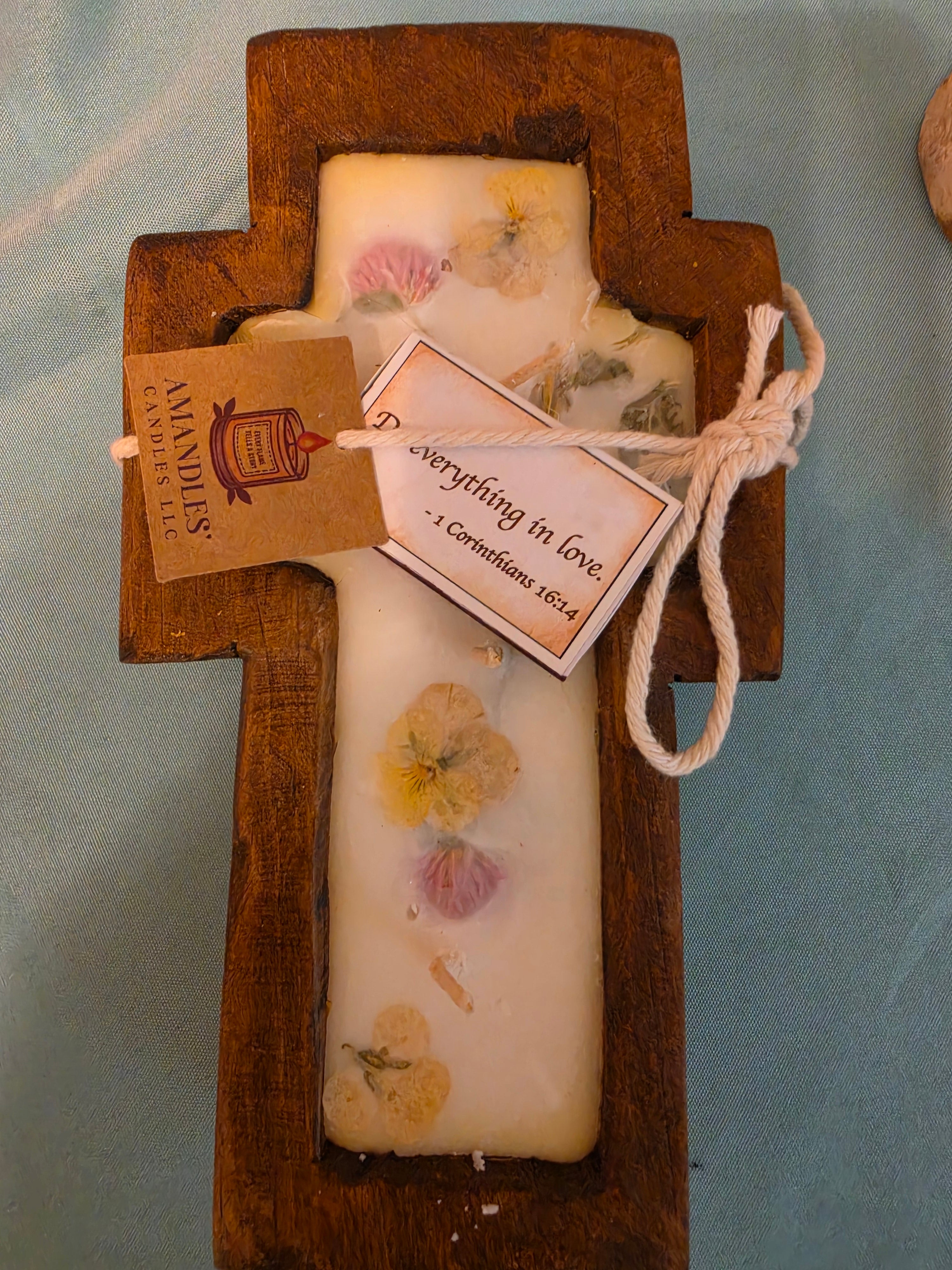 Small Wooden Dough Bowl Cross Candles with Matches..