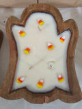 Ghost- Autumn 🍁 Dreams Scented Wooden Dough Bowl Candle with Candy Corn Glass Decor. 6 inches wide 8 inches long 1.5-2 inches deep approx 16oz filled