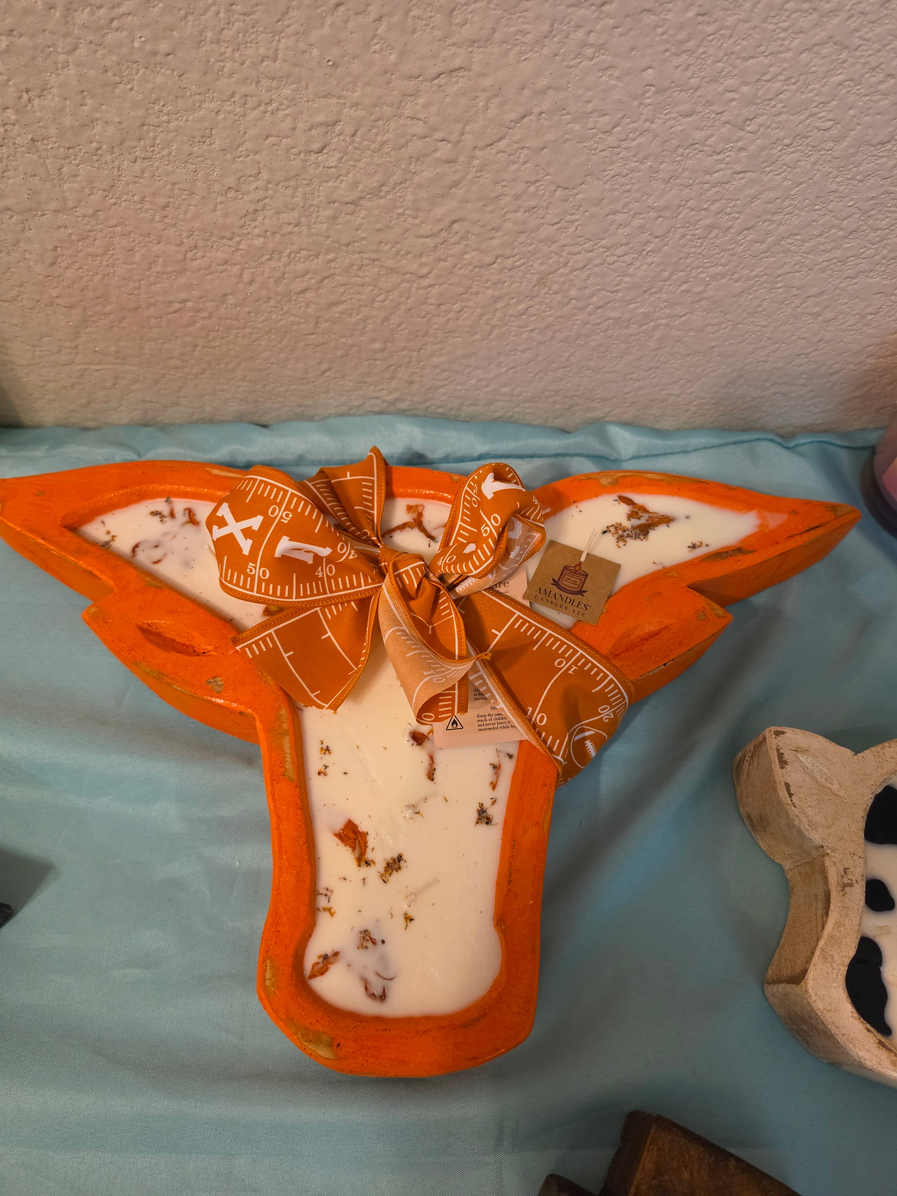 Longhorn Wooden Dough Bowl Candle 72oz Soy Wax "Friday night Football fragrance"