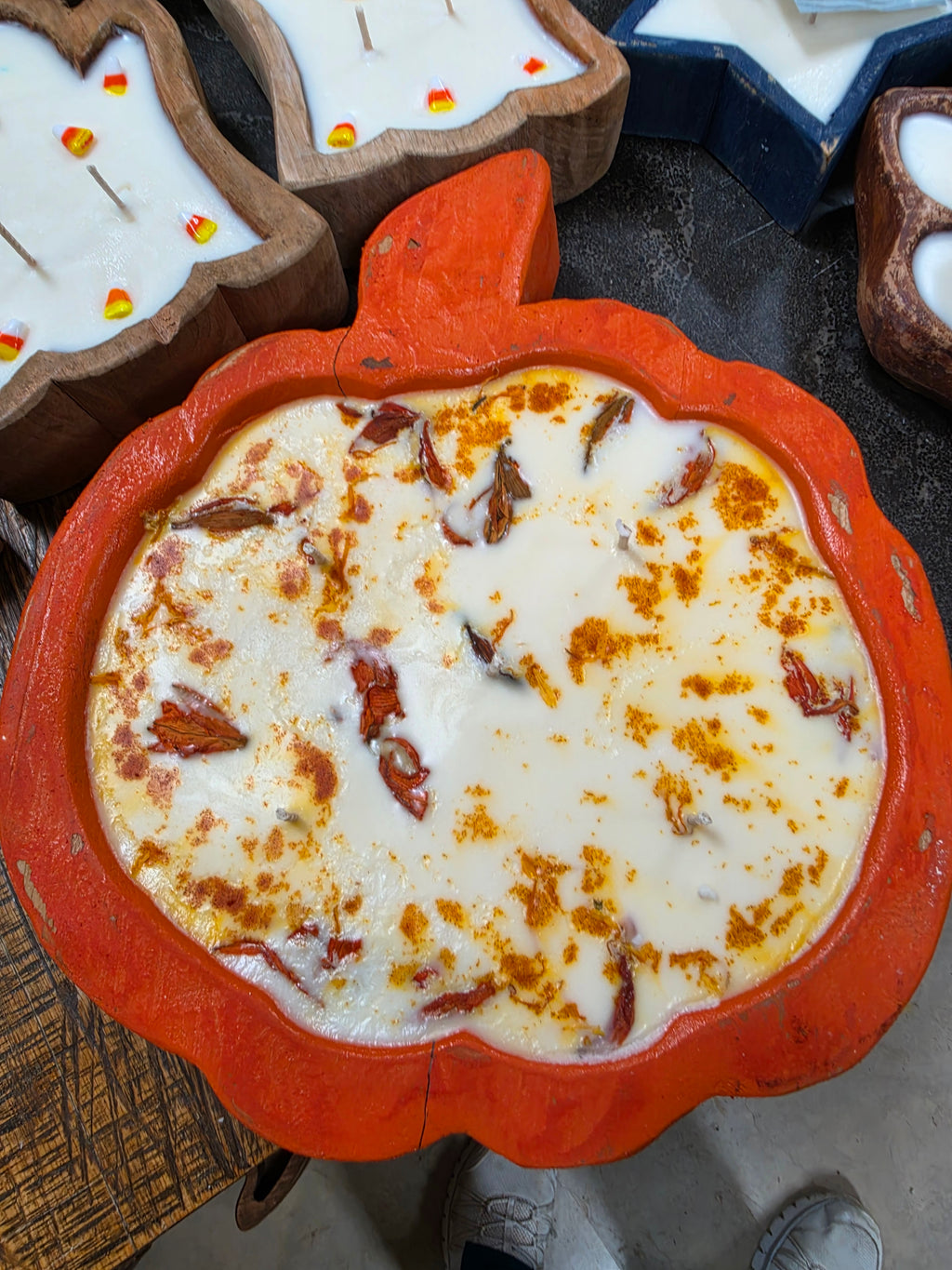 Pumpkin Spiced Buttercream Wooden Dough Bowl Candle approx. 38oz filled  11W x 11-12L(includes handle) x 2.5D